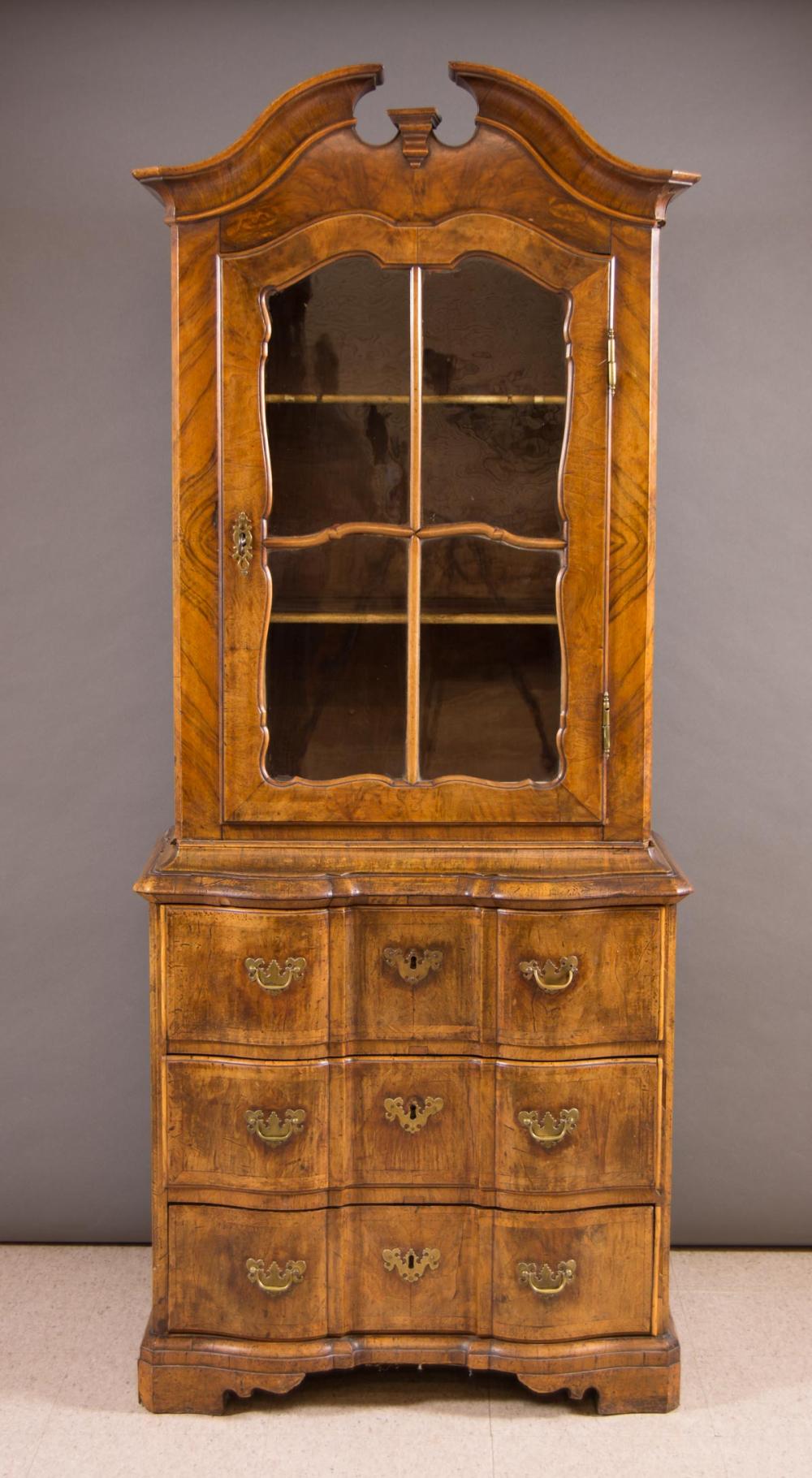 BURL WALNUT CABINET ON CHEST, CONTINENTAL,