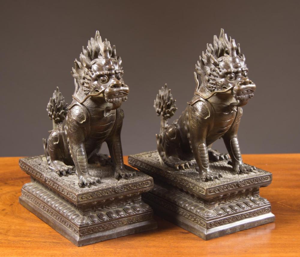 PAIR OF CHINESE BRONZE XIEZHI SCULPTURES,