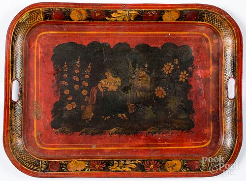 RED TOLEWARE SERVING TRAY, 19TH