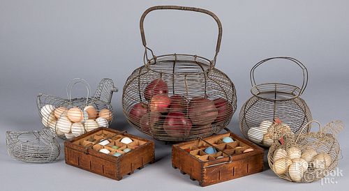 FIVE WIRE EGG/APPLE BASKETS, EARLY/MID