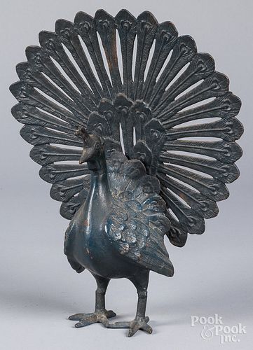 PAINTED CAST IRON PEACOCK, EARLY