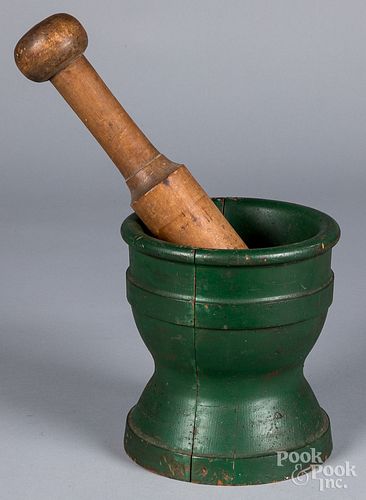 LARGE PAINTED PINE MORTAR AND PESTLE,