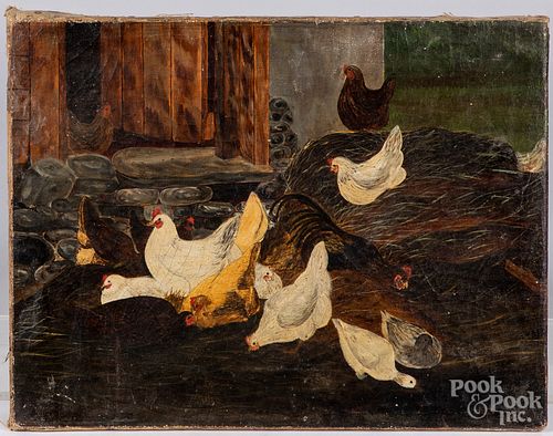 OIL ON CANVAS BARN SCENE WITH CHICKENSOil