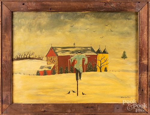 FOLK ART OIL ON CANVAS WINTER FARM 3152ca