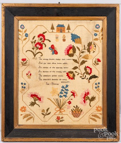 SILK ON LINEN SAMPLER, 19TH C.Silk