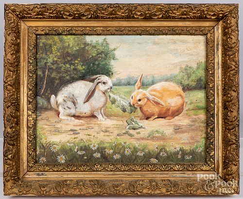 OIL ON BOARD OF TWO RABBITS, CA.