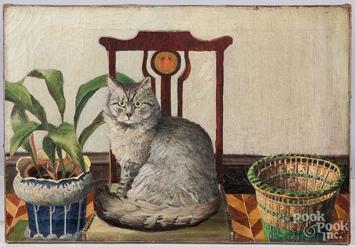 OIL ON CANVAS OF A CAT ON A TABLE, CA.