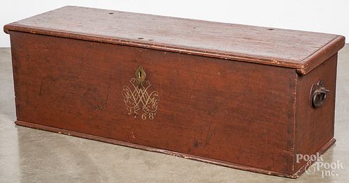 PAINTED PINE LIFT LID BENCH, DATED