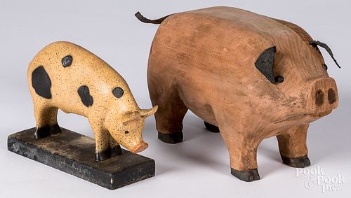 CARVED AND PAINTED PINE PIG AND