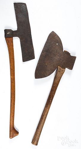 EARLY WROUGHT IRON AXE AND A LARGE