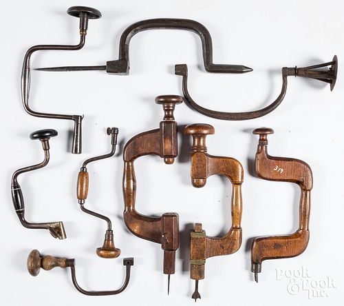 NINE HAND DRILLS, BRACES, 19TH C.Nine