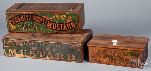 THREE WOOD ADVERTISING SPICE BOXES,