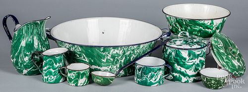 GROUP OF GREEN AND WHITE GRANITEWARE,