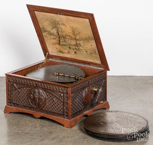 REGINA MUSIC BOX WITH CARVED OAK CASE