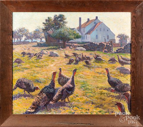 OIL ON CANVAS LANDSCAPE WITH TURKEYS,