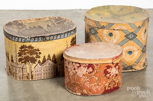 THREE WALL PAPER HAT BOXES, 19TH