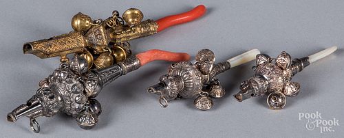 FOUR VICTORIAN BABY RATTLES/WHISTLESFour