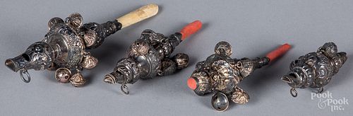 FOUR VICTORIAN BABY RATTLES/WHISTLESFour