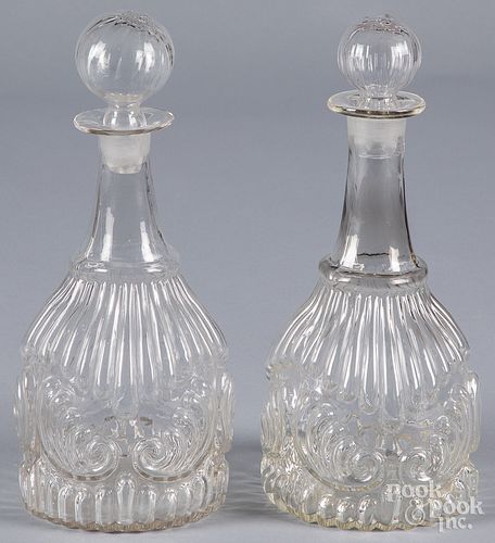 TWO BLOWN COLORLESS GLASS DECANTERS  3155a7