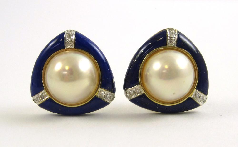 PAIR OF MABE PEARL AND LAPIS EARRINGS  315697