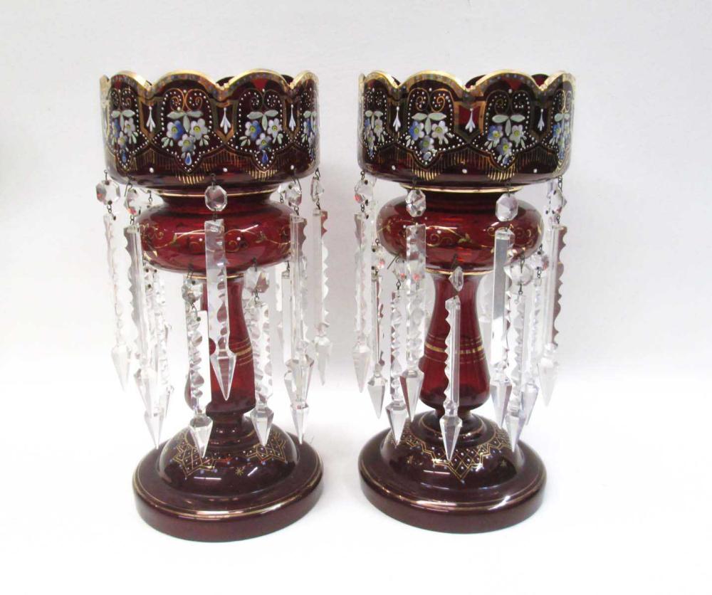 PAIR OF RUBY GLASS VICTORIAN LUSTRES  3157c8