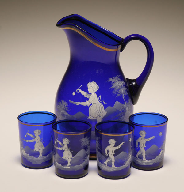 Mary Gregory cobalt art glass pitcher
