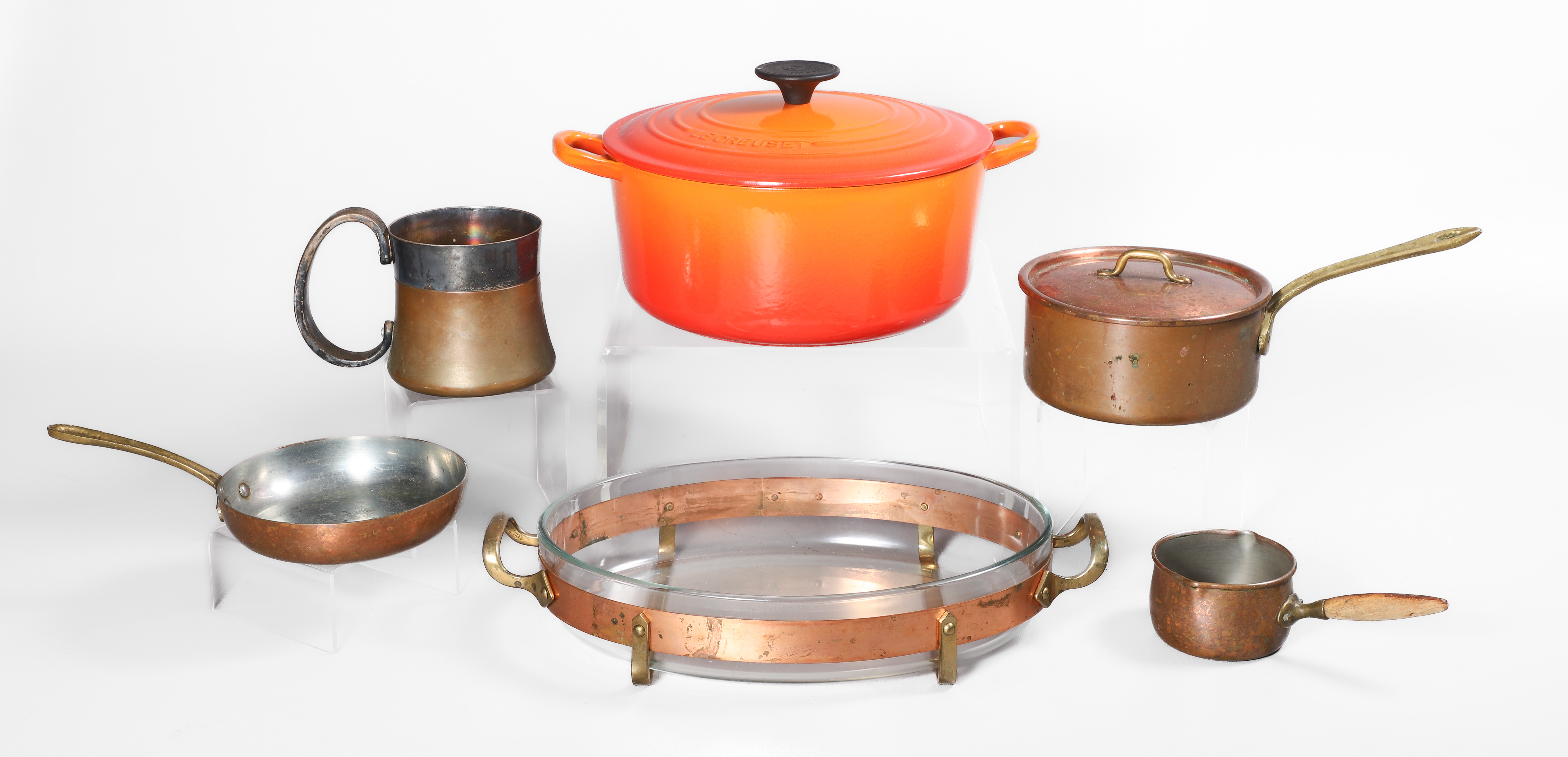 Le Creuset dutch over, copper pots,