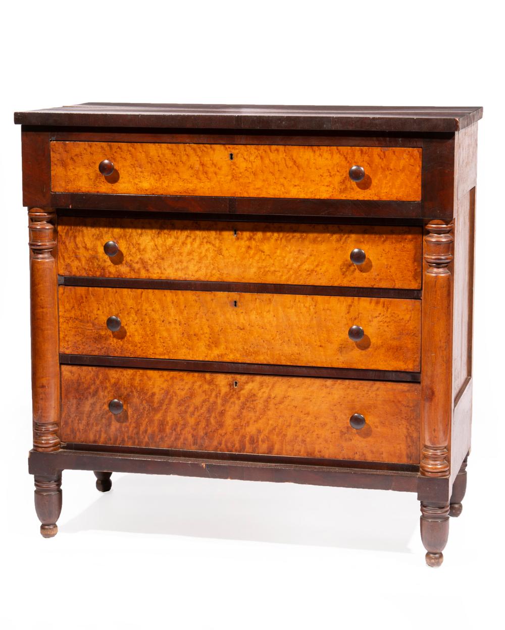 WALNUT AND BIRDSEYE MAPLE CHEST OF DRAWERSAmerican