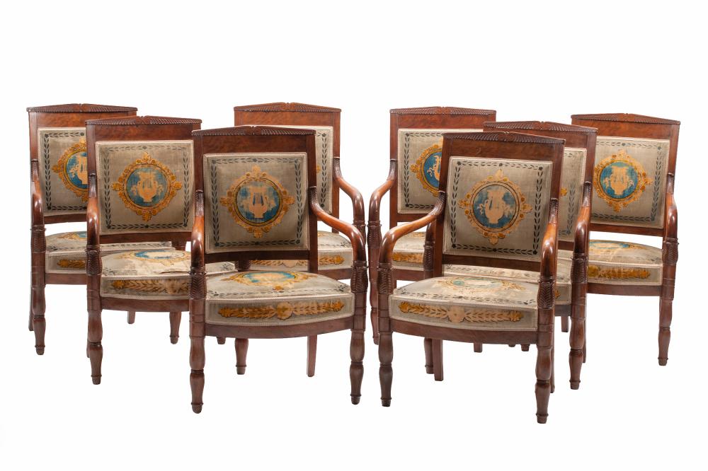 EIGHT EMPIRE CARVED MAHOGANY FAUTEUILSEight 318335