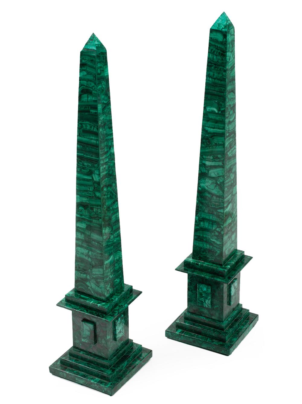 PAIR OF CONTINENTAL MALACHITE OBELISKSPair