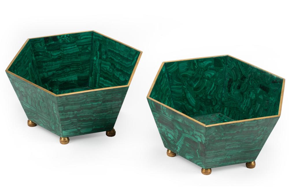 PAIR OF MALACHITE HEXAGONAL PLANTERSPair 318421