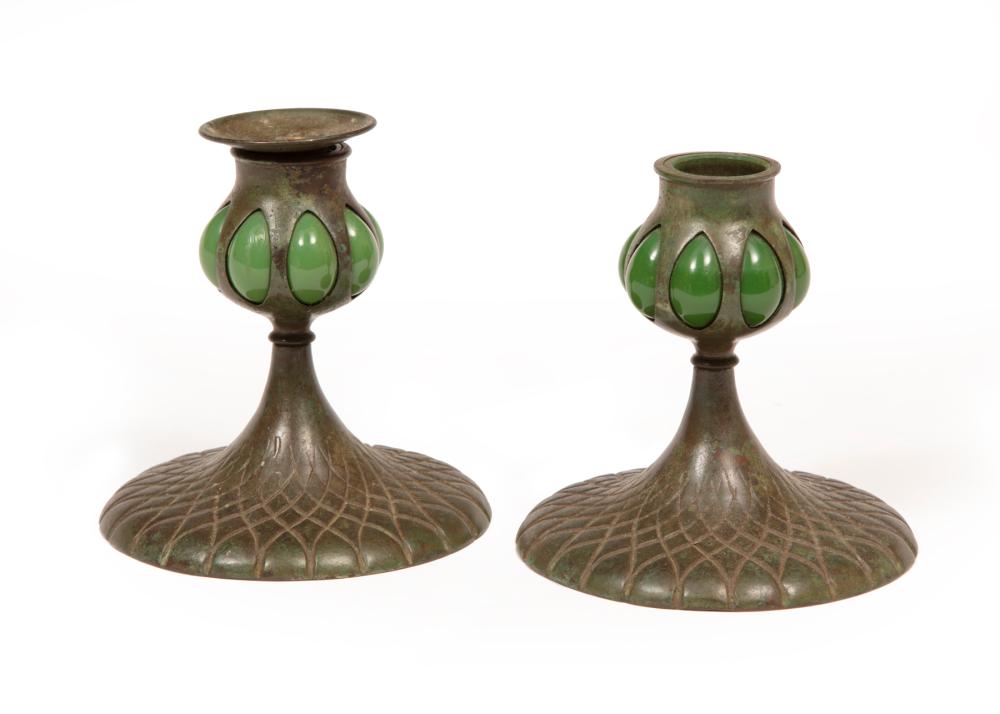 TIFFANY BRONZE AND GREEN GLASS CANDLESTICKSPair