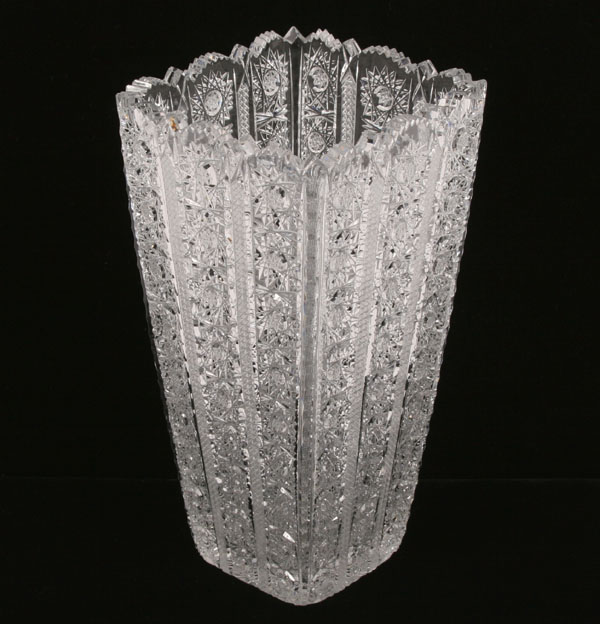 Tall cut glass vase, wheel cut pattern,