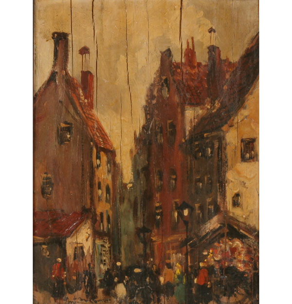 European street scene; oil on panel;