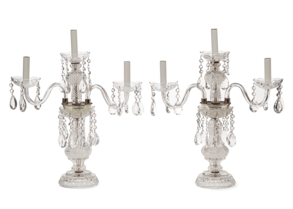 PAIR OF CUT GLASS THREE LIGHT CANDELABRAPair 3186cf