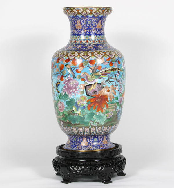 Asian cloisonne temple jar on base;