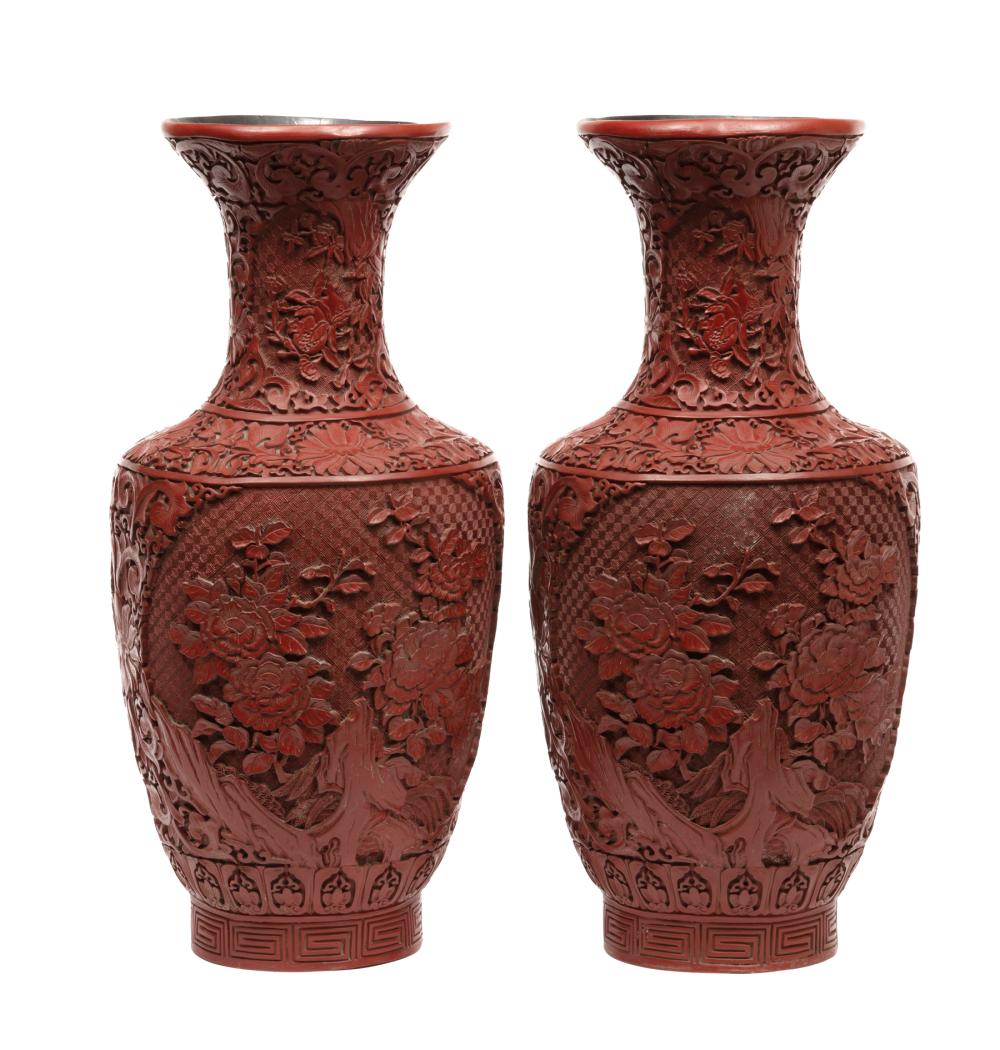 PAIR OF CHINESE RED LACQUER VASESLarge