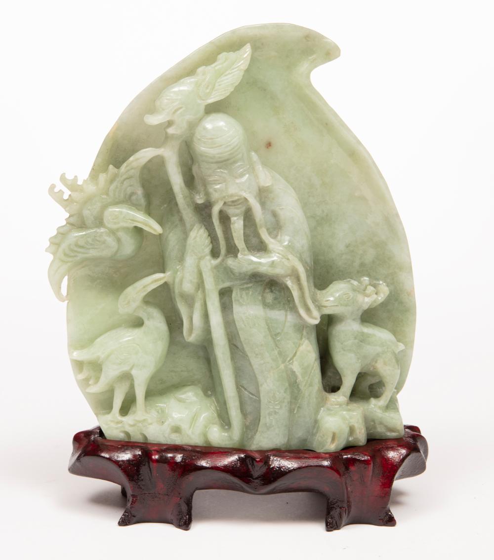 CHINESE CELADON JADE FIGURAL GROUPChinese