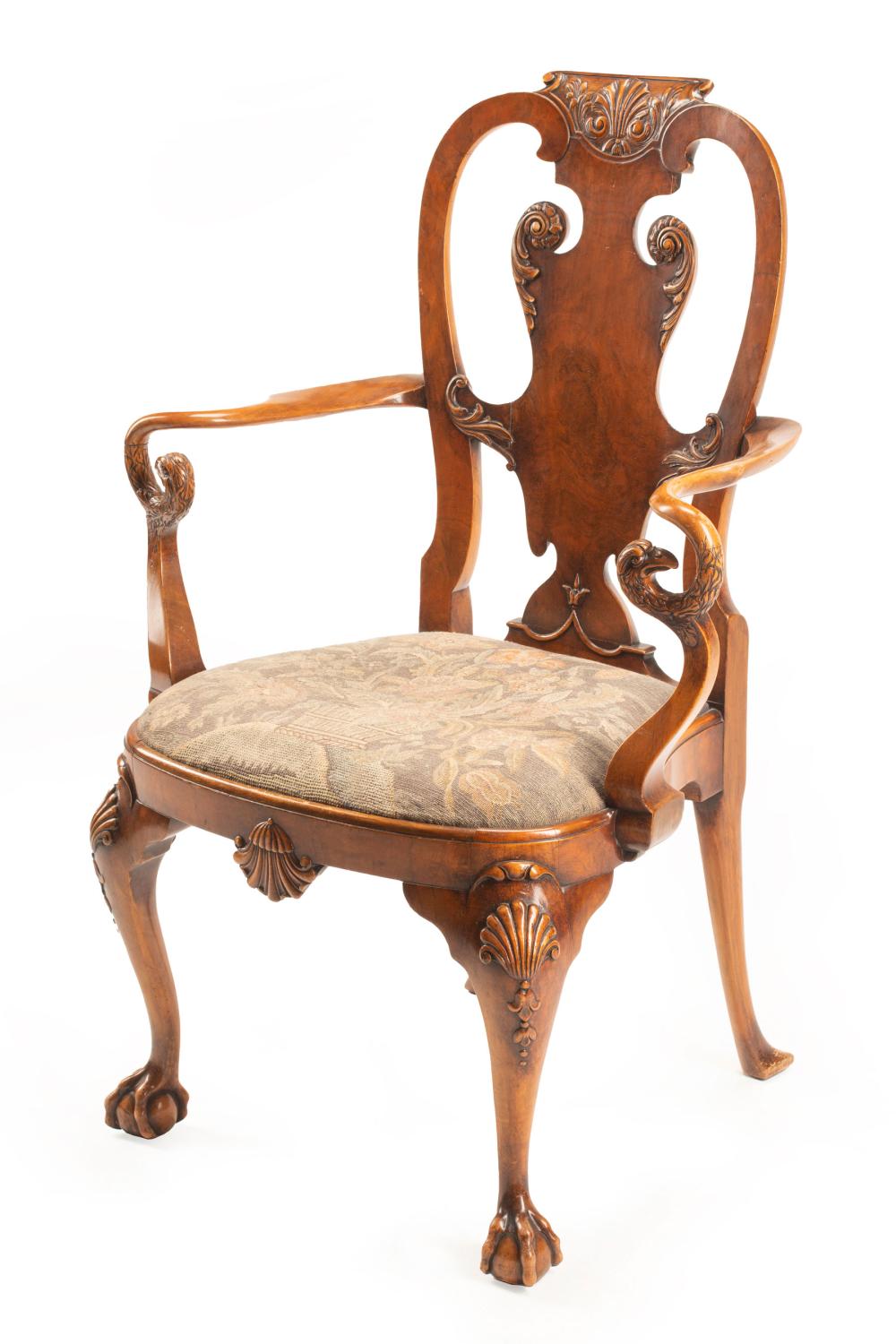 GEORGE II-STYLE CARVED WALNUT ARMCHAIRGeorge