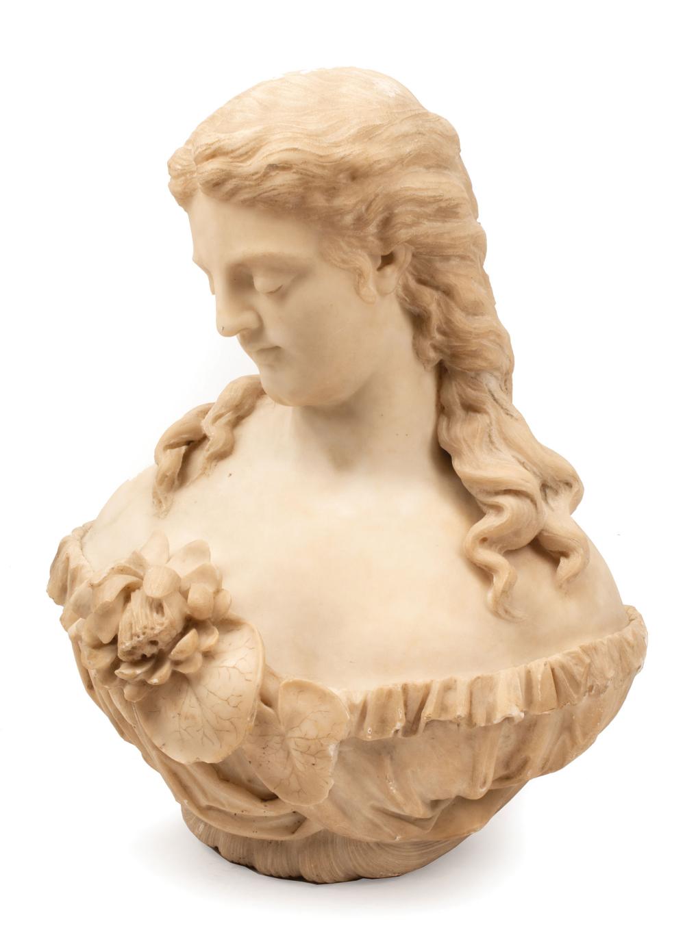CARVED MARBLE BUST OF WOMAN WITH