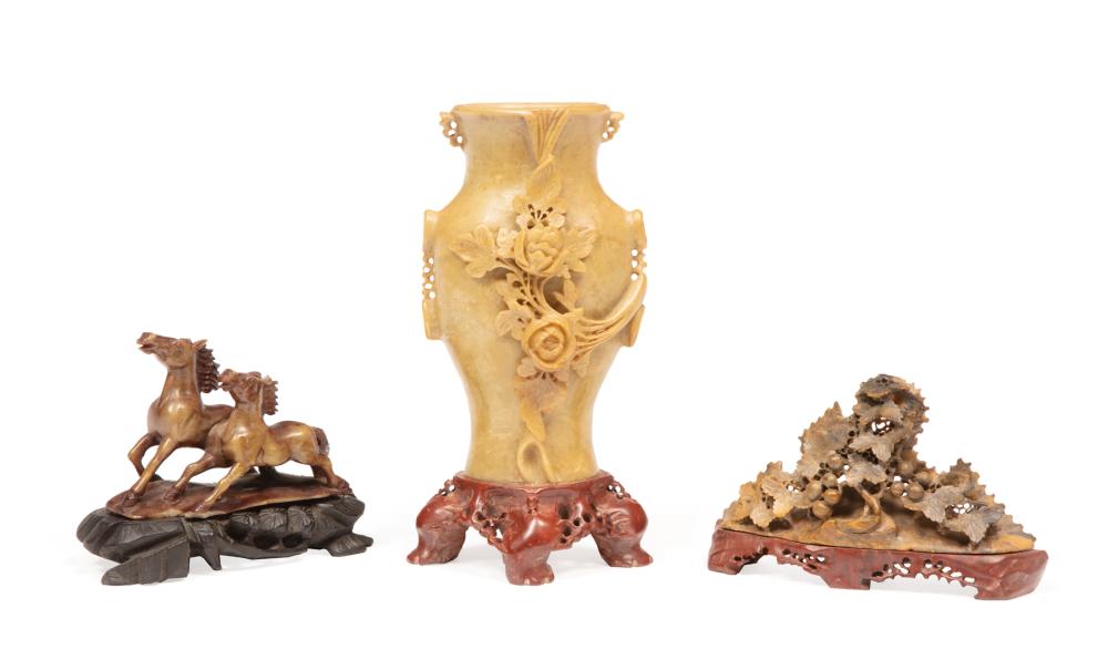 THREE CHINESE SOAPSTONE CARVINGSThree