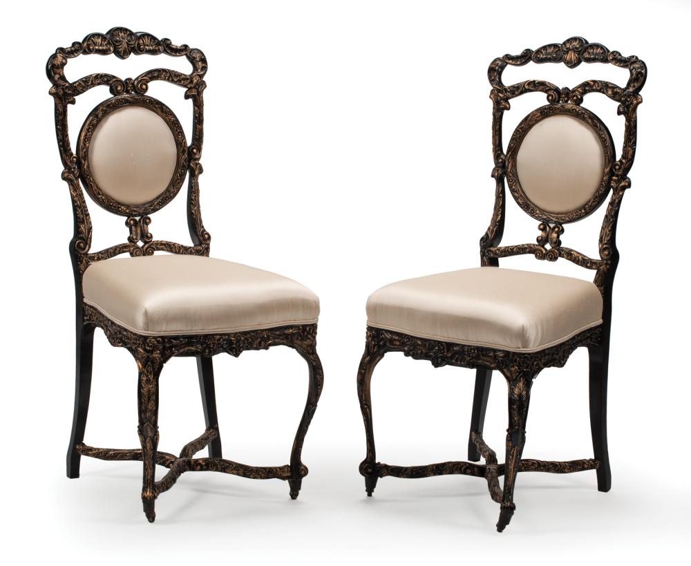 EBONIZED AND PARCEL GILT SIDE CHAIRSPair