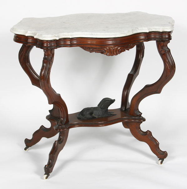 Victorian table; beveled marble turtle