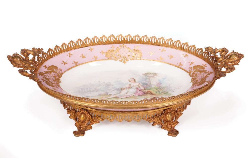 SEVRES-STYLE POLYCHROME PORCELAIN CENTERPIECEBronze-Mounted