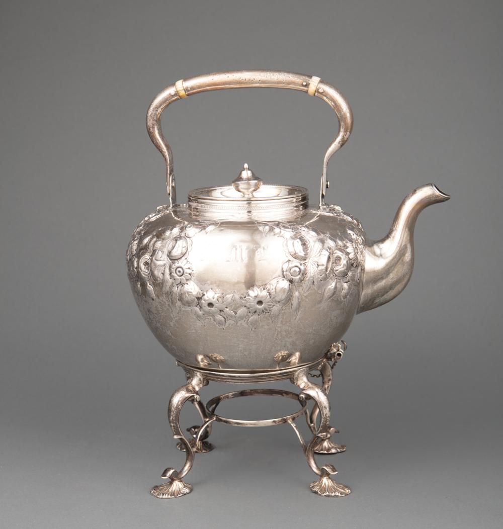 JONES, BALL & POOR COIN SILVER KETTLE-ON-STANDAmerican