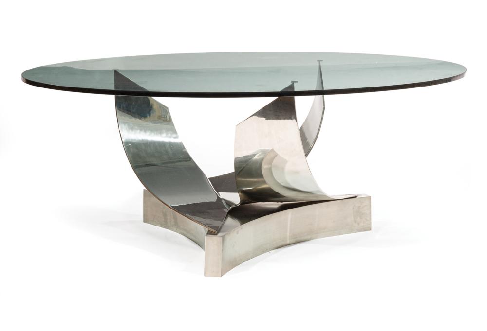 POLISHED STAINLESS STEEL AND GLASS DINING