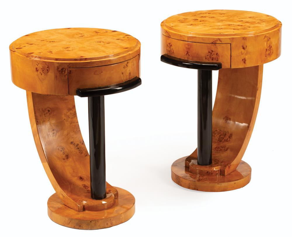 ART DECO-STYLE BURLED MAPLE TABLESPair