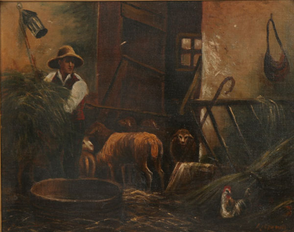 Shepherd tending sheep farm scene; oil