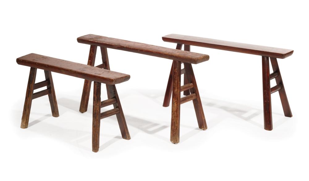 THREE JAPANESE WOODEN WORK BENCHESThree