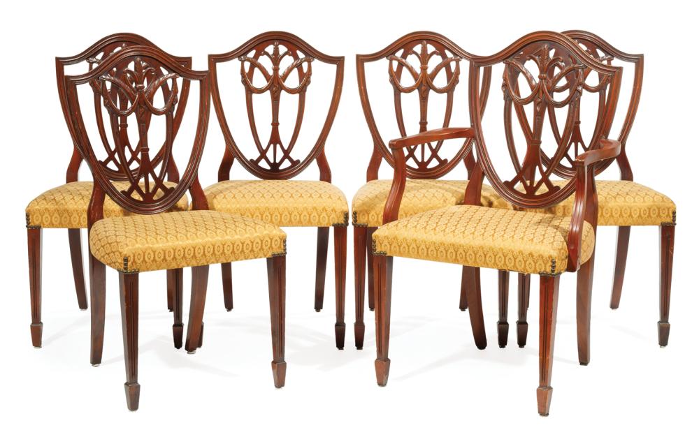 CARVED MAHOGANY SHIELDBACK DINING CHAIRSSix